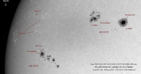 Sunspots AR3372, AR3373, New Group  7/16/23
